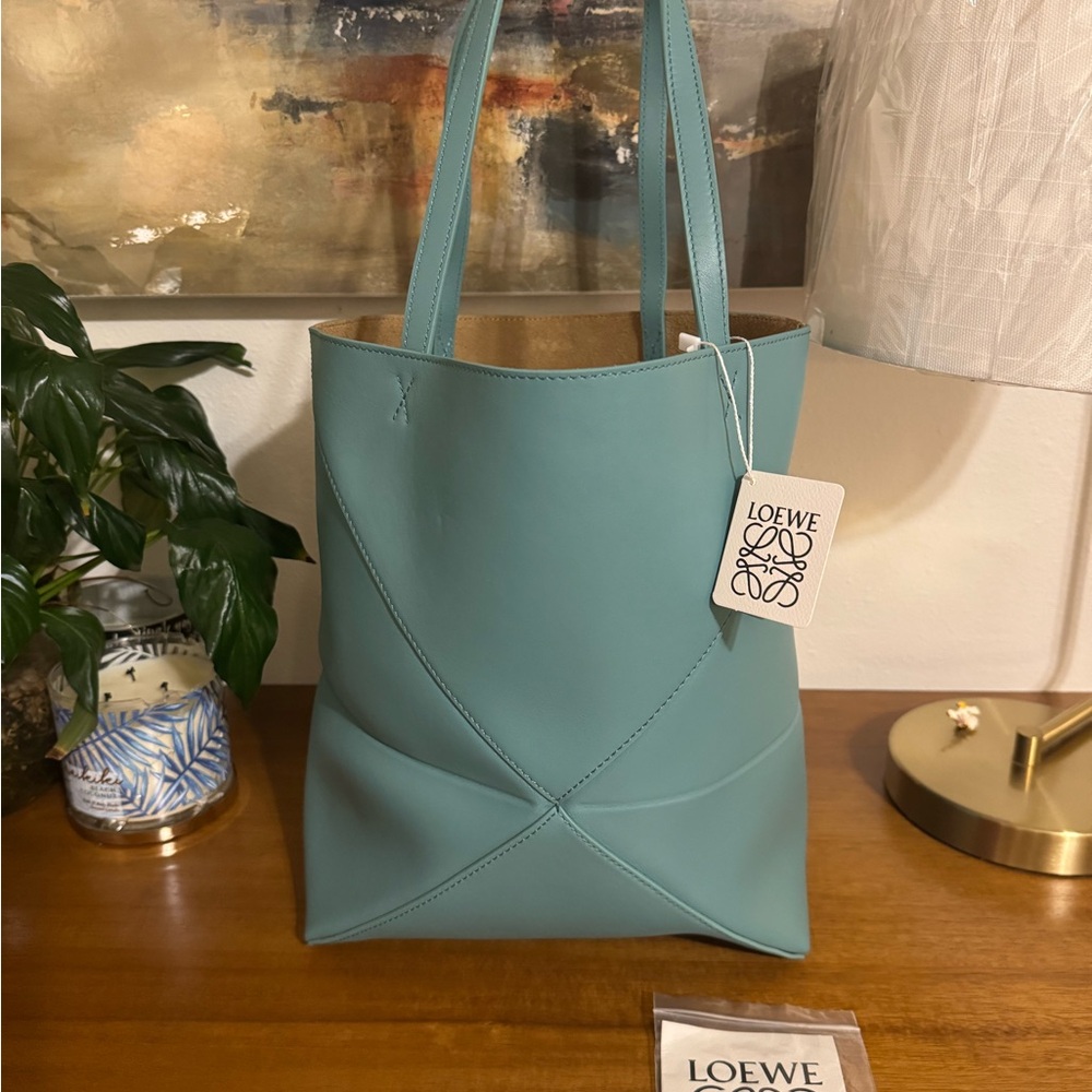 Loewe Aqua Blue Leather Medium Puzzle Tote Water Color